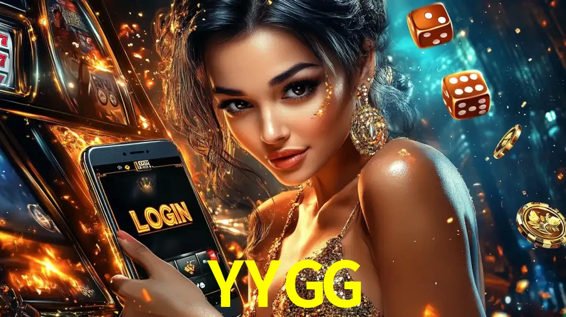 Mulher glamourosa segurando um celular com a tela de login do cassino YYGG, rodeada por dados e moedas douradas, pronta para começar a diversão.