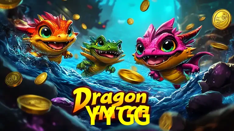 Arte promocional do jogo Dragon Hatch com três adoráveis dragões bebês nadando entre moedas de ouro, um dos slots mais divertidos para jogar no cassino YYGG.