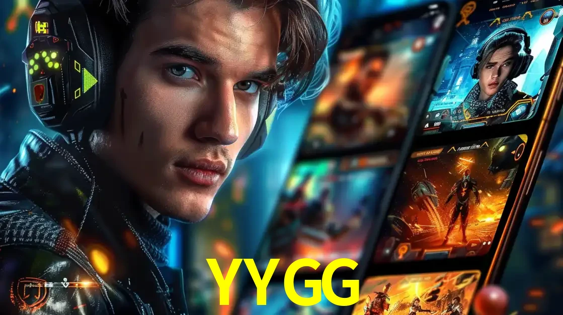 Jovem jogador com fones de ouvido olhando para a câmera, com um aplicativo de jogos e e-sports para celular ao fundo, pronto para a competição e apostas no YYGG.