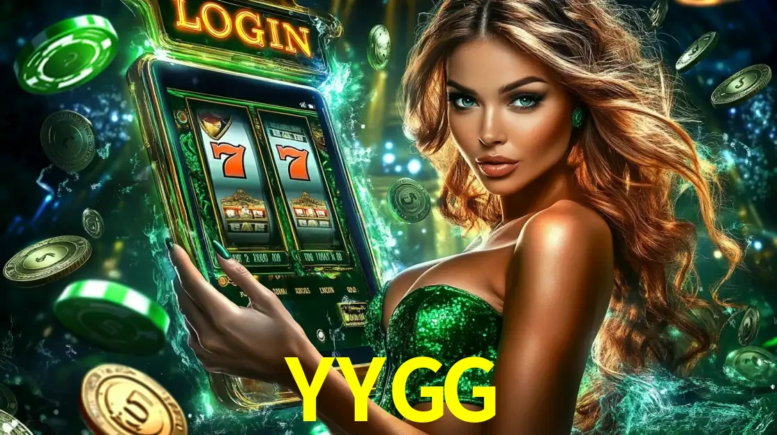 Mulher com tema verde apresentando o aplicativo do cassino YYGG com um jogo de slot de 777, cercada por fichas de cassino e uma aura de sorte.