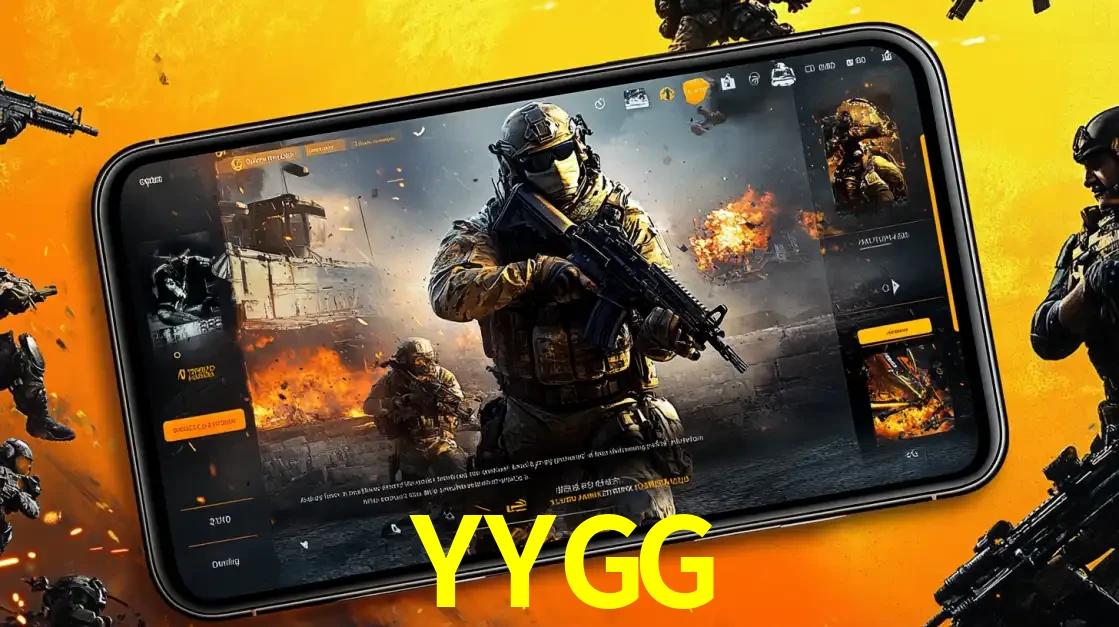 Um smartphone exibindo a interface de um jogo de tiro em primeira pessoa, com um soldado em um cenário de batalha, representando a ação dos e-sports para apostar no YYGG.