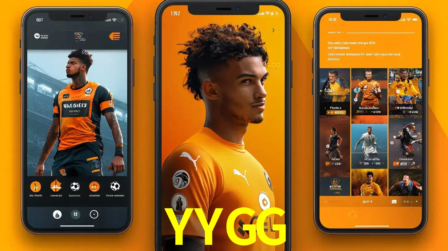 Interface do aplicativo de apostas esportivas YYGG em três telas de celular, mostrando o perfil de um jogador de futebol e a lista de jogos disponíveis para apostar.