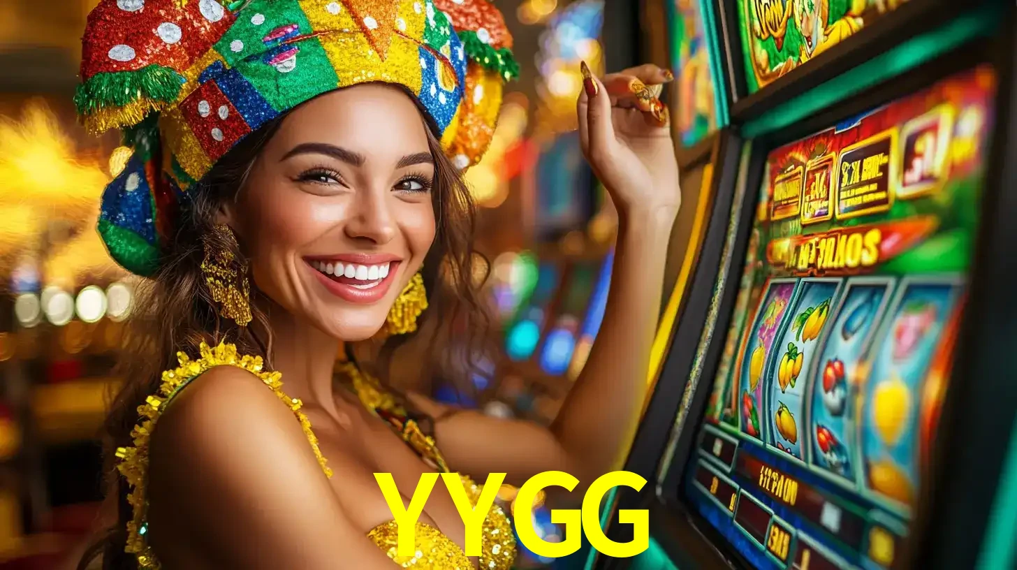 Mulher feliz com traje de carnaval amarelo e colorido ao lado de uma máquina de caça-níqueis, aproveitando a diversão e os jogos temáticos do cassino YYGG.