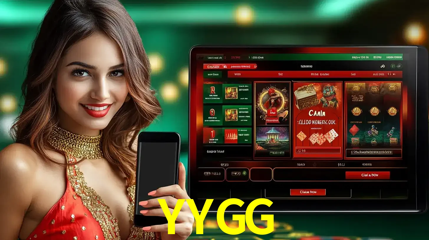 Mulher sorridente segurando um smartphone, ao lado de uma tela exibindo o lobby de jogos do cassino online YYGG, com várias opções de jogos de cartas e slots.